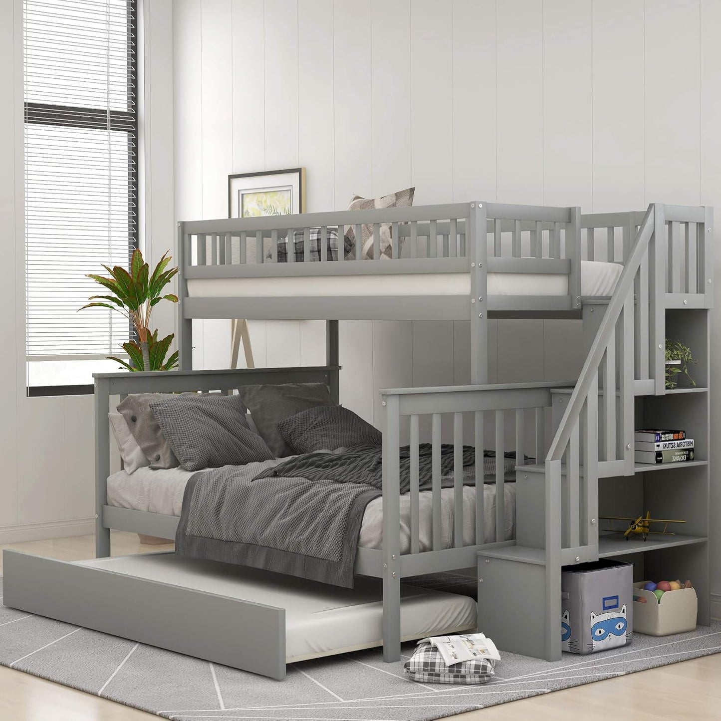 Twin over Full Bunk Bed with Trundle, Wood Bunk Bed Frame with Storage and Safety Rail, Bedroom Furniture, White
