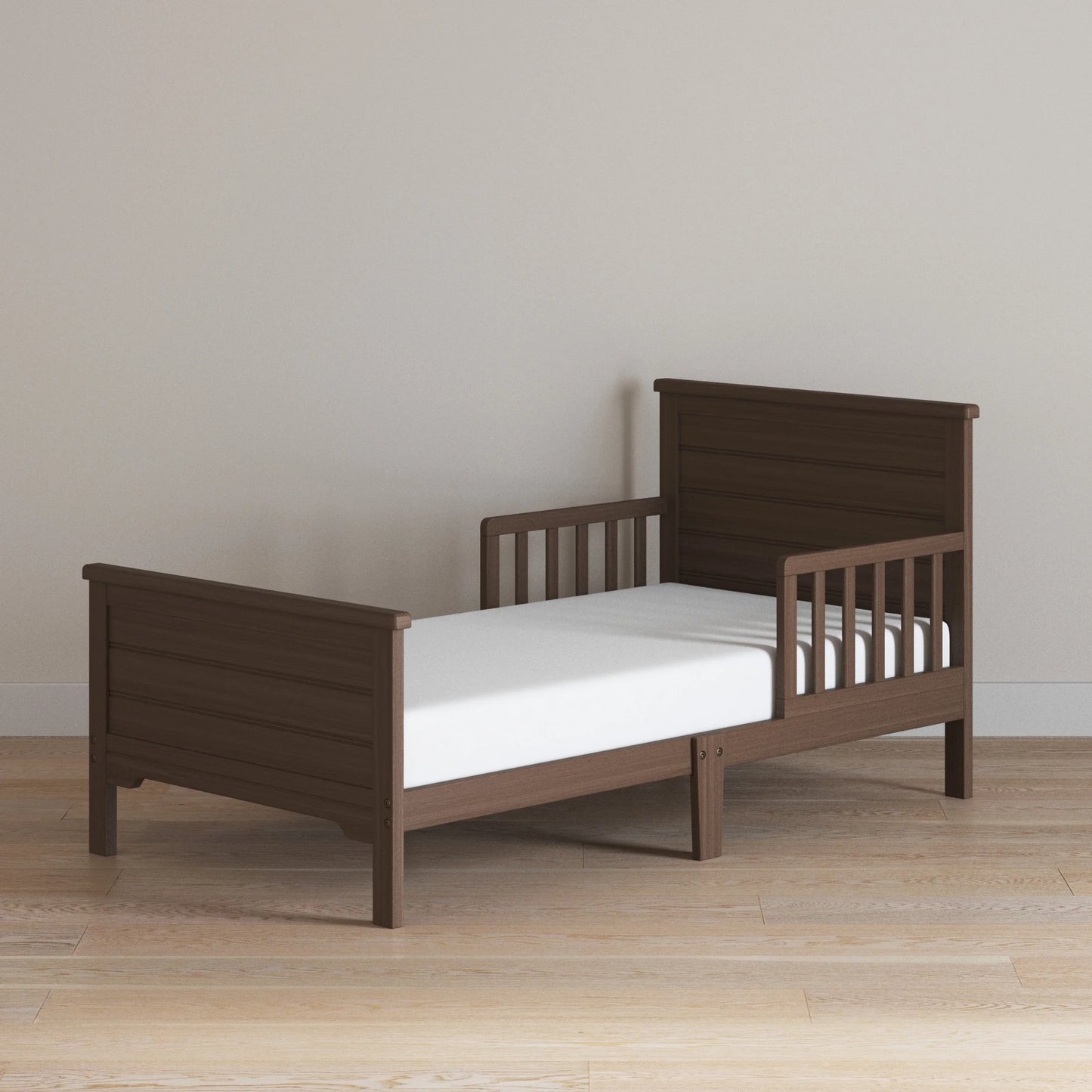 Woodland Toddler Bed and Nightstand Bedroom Set, Low to Ground Design, Brushed Truffle, 2-Piece
