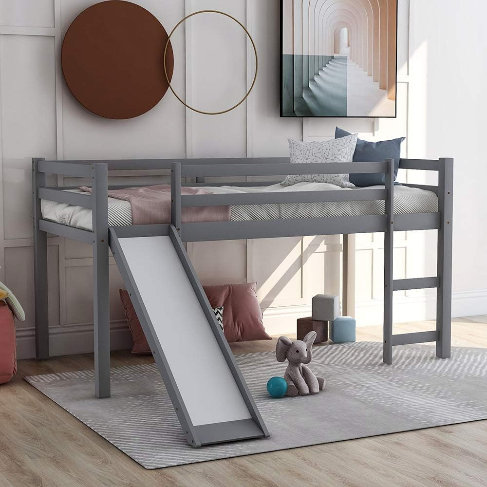 Loft Bed with Slide, Multifunctional Design Twin Wood Bed Frame (Gray)