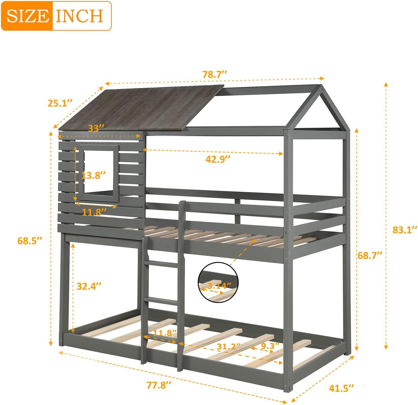 Twin over Twin Bunk Bed, Wood Twin House Bed Loft Bed Bedroom Furniture with Roof, Window, Guardrail & Ladder (Gray, Twin over Twin)