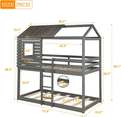 Twin over Twin Bunk Bed, Wood Twin House Bed Loft Bed Bedroom Furniture with Roof, Window, Guardrail & Ladder (Gray, Twin over Twin)