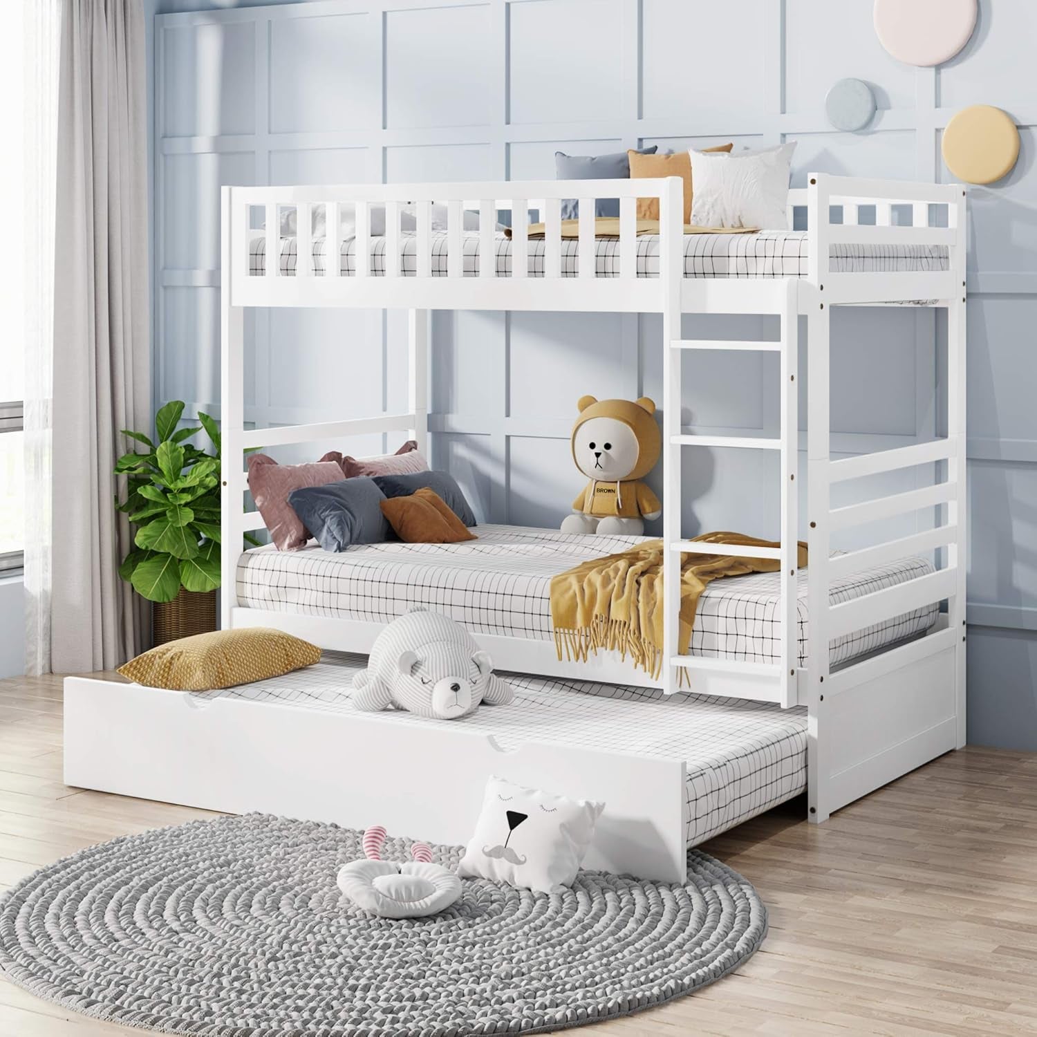 Twin over Twin Bunk Bed, Hinipa Space Saving Design Bedroom Furniture Wood Bunk Beds with Trundle, Ladder and Safety Rail (White)