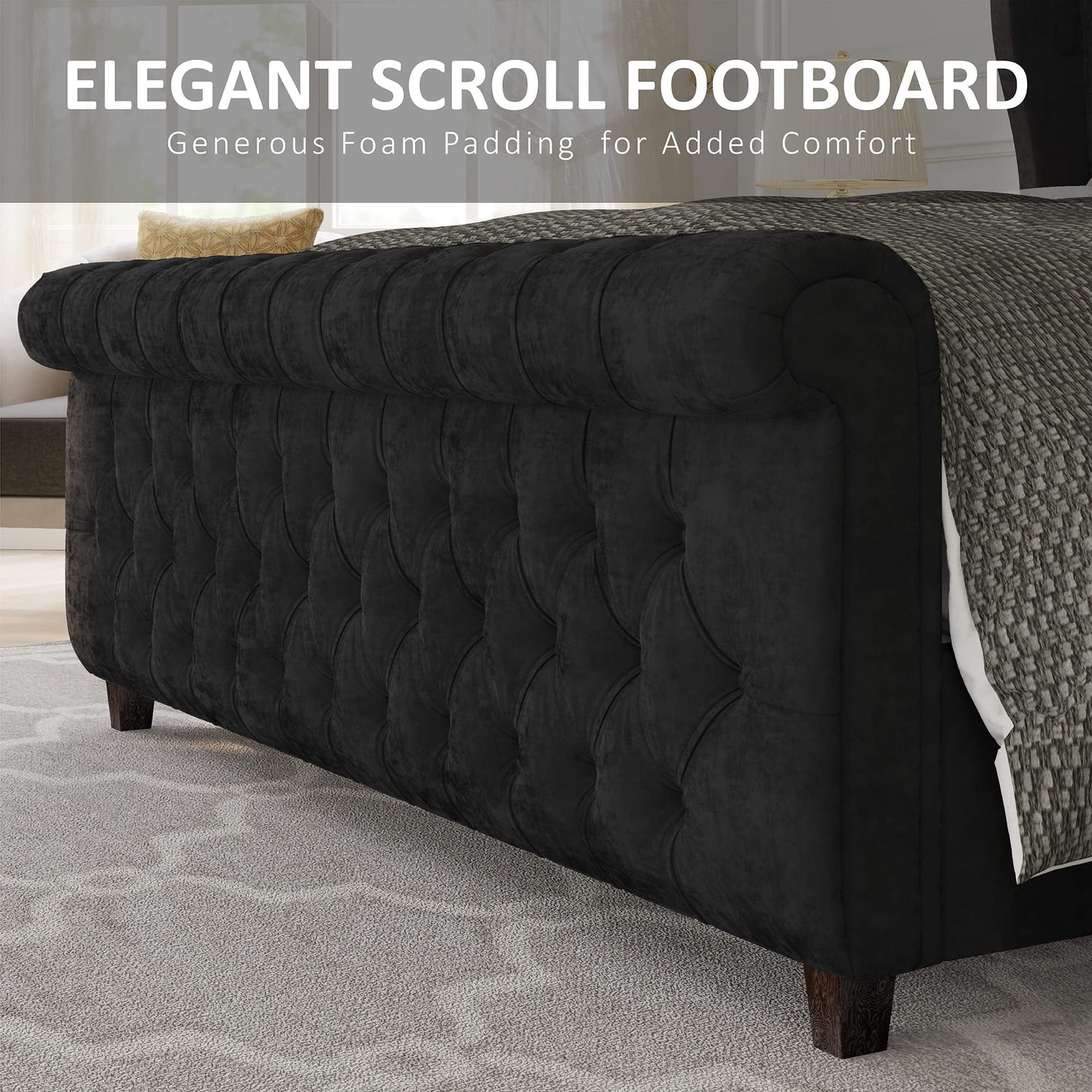 King Size Platform Bed Frame Velvet Upholstered Sleigh Bed with Scroll Wingback Headboard & Footboard/Button Tufted/No Box Spring Required/Grey