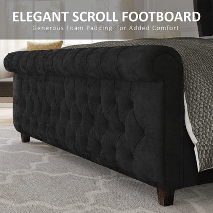 King Size Platform Bed Frame Velvet Upholstered Sleigh Bed with Scroll Wingback Headboard & Footboard/Button Tufted/No Box Spring Required/Grey