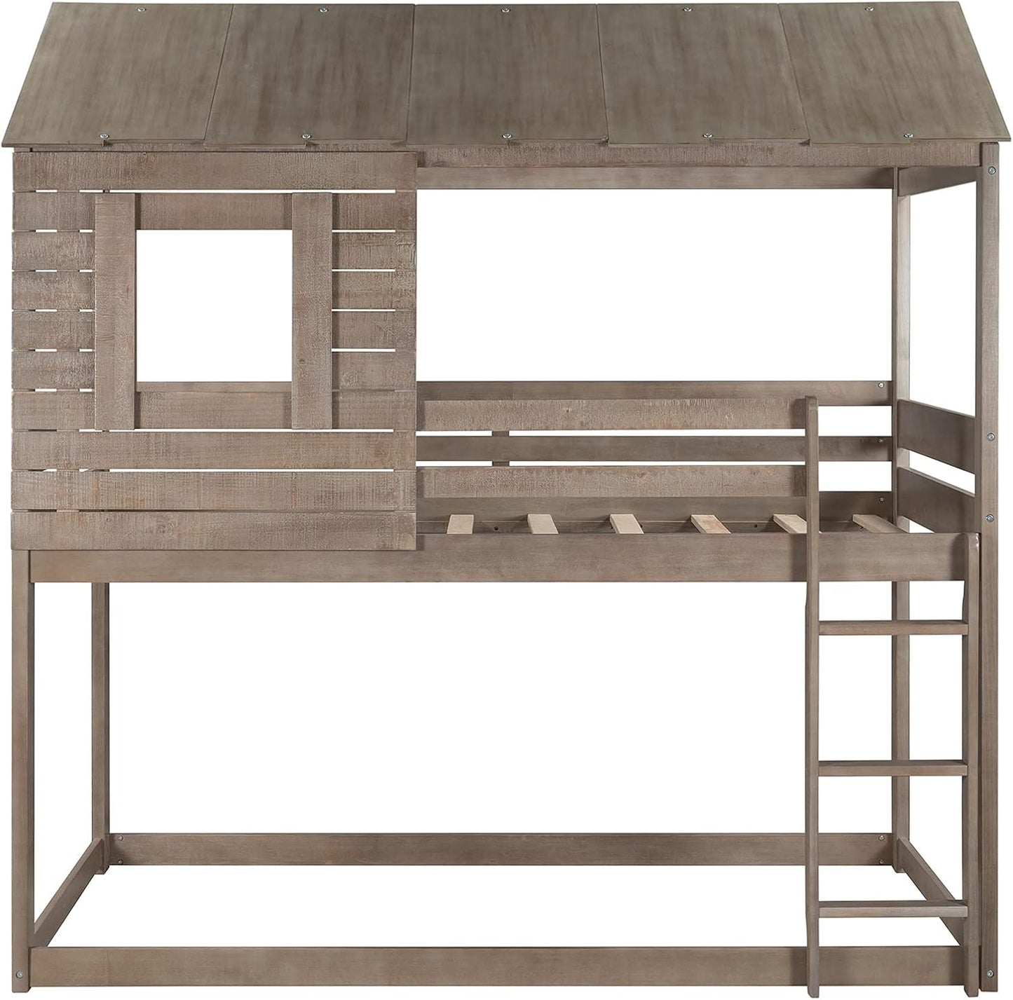House Bunk Beds, Twin over Twin Bunk Bed Frame Low Bunk Bed for Kids Toddlers Boys Girls, Antique Gray