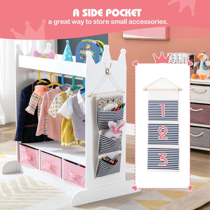 Kids Armoire Pretend Dress-Up Storage Openning Hanging Closet Wardrobe Girls Bedroom Furniture with Mirror, 3 Drawers, Side Pocket(White)