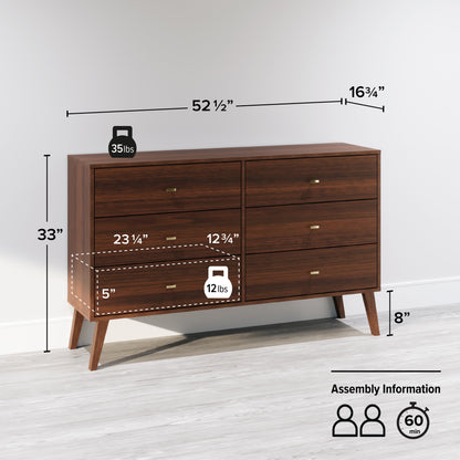 Milo Mid-Century 6 Drawer Wooden Dresser, 16.75" X 52.5" X 33", Cherry