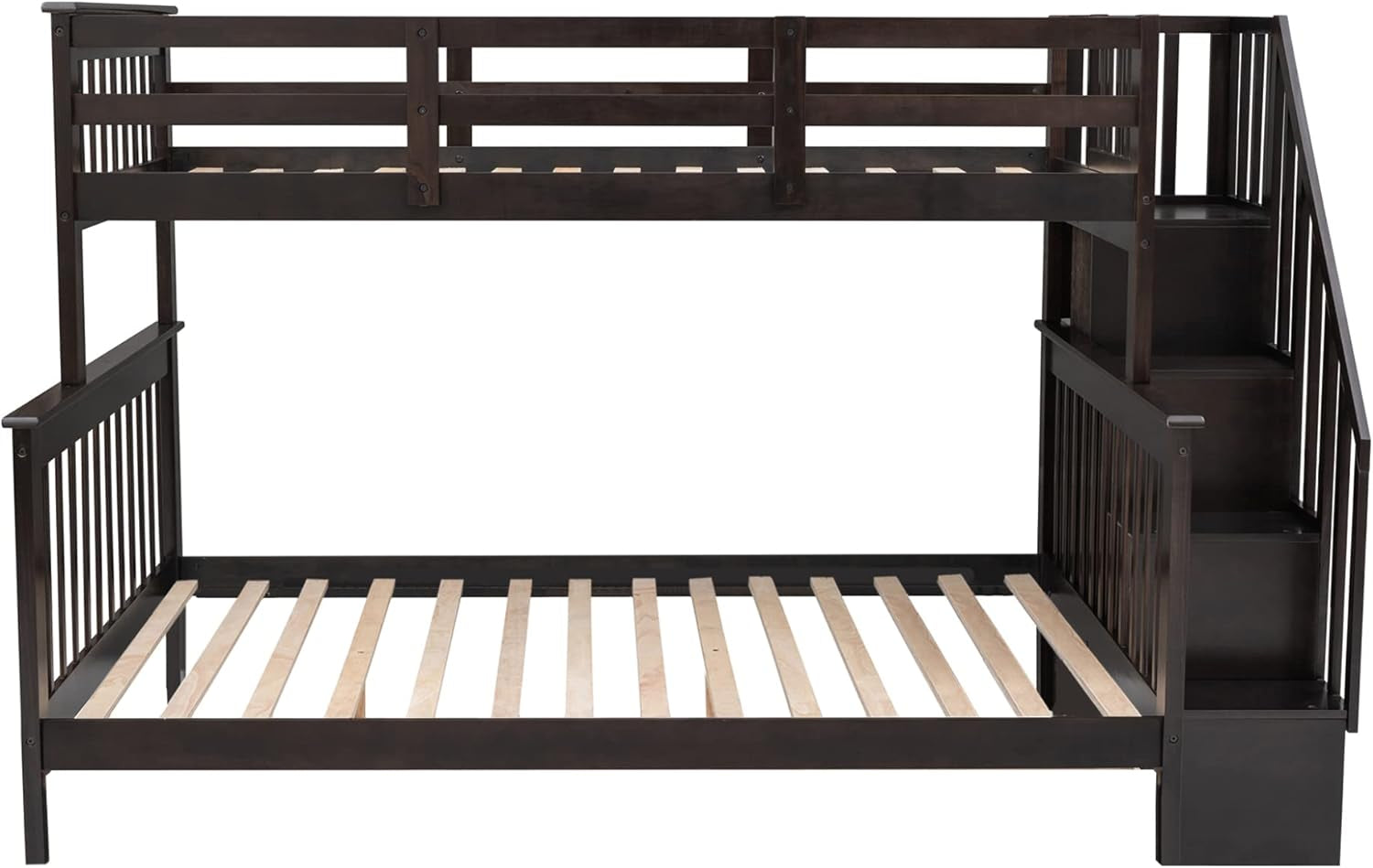 Bunk Bed with Stairway, Wood Bedroom Furniture Twin over Full Bunk Bed Frame with Storage and Safety Guard Rail, Convertible to Separate 2 Beds (Espresso)
