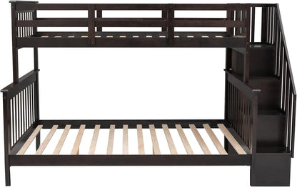 Bunk Bed with Stairway, Wood Bedroom Furniture Twin over Full Bunk Bed Frame with Storage and Safety Guard Rail, Convertible to Separate 2 Beds (Espresso)