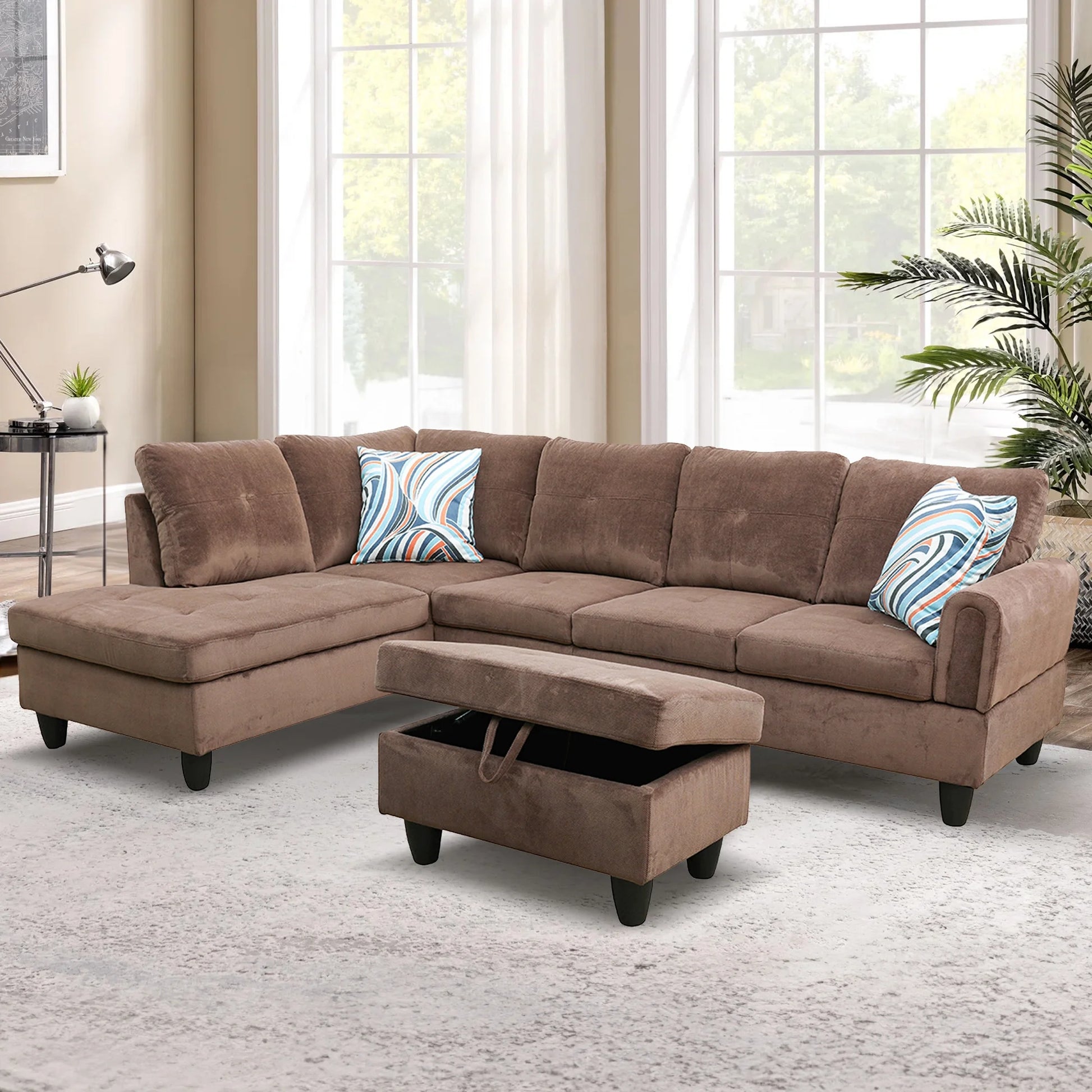 3 Piece L-Shape Sectional Sofa Couch W/ Storage Ottoman, 2 Pillows, Pineapple Velvet, Brown