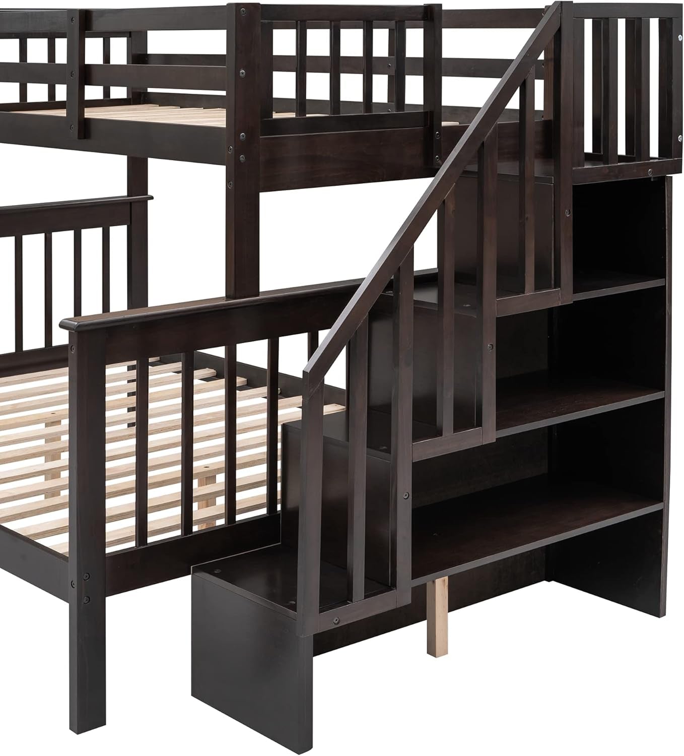 Bunk Bed with Stairway, Wood Bedroom Furniture Twin over Full Bunk Bed Frame with Storage and Safety Guard Rail, Convertible to Separate 2 Beds (Espresso)