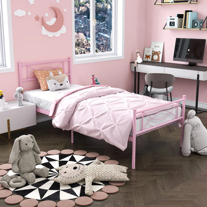 Kids Pink Metal Platform Bed Frame Twin Single Bed with Headboard & Footboard for Girls Bedroom Furniture, No Box Spring Needed