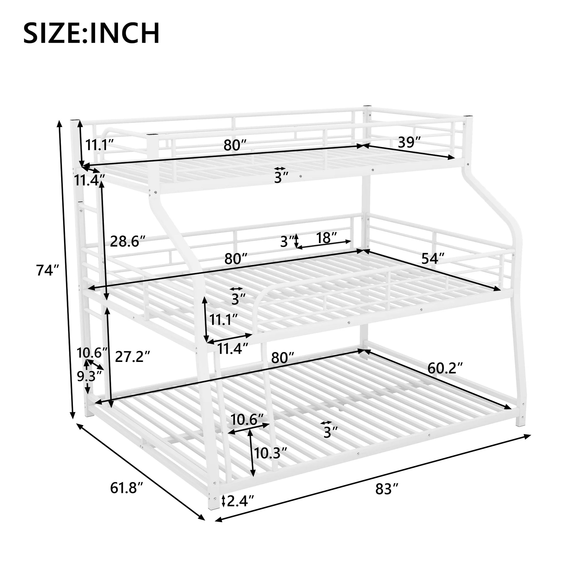 Twin Xl/Full Xl/Queen Size Triple Bunk Bed, 3 Bunk Beds/Metal Triple Bunk Bed with Long, Short Ladder and Full-Length Guardrails, Triple Bunk Bed for Kids,Teens, Adults(White)