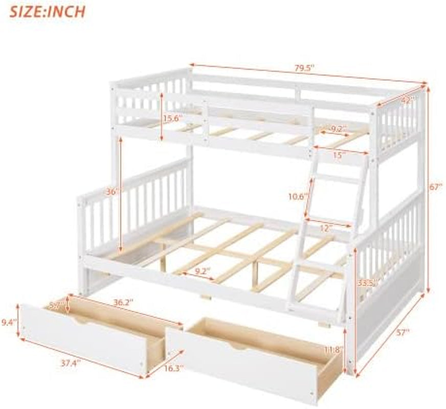 Twin over Full Bunk Bed with Storage Drawers, Can Be Divided into 2 Daybeds, Solid Wood Bunk Bed Frame with Guardrails and Ladder for Kids, Floor Low Bunk Bed for Bedroom, White