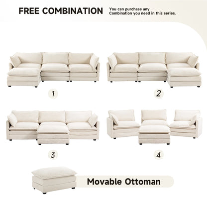 Sectional Sofa with Ottoman, Small L Shaped Free Combination Corduroy Couch Furniture Sets for Living Room, Beige