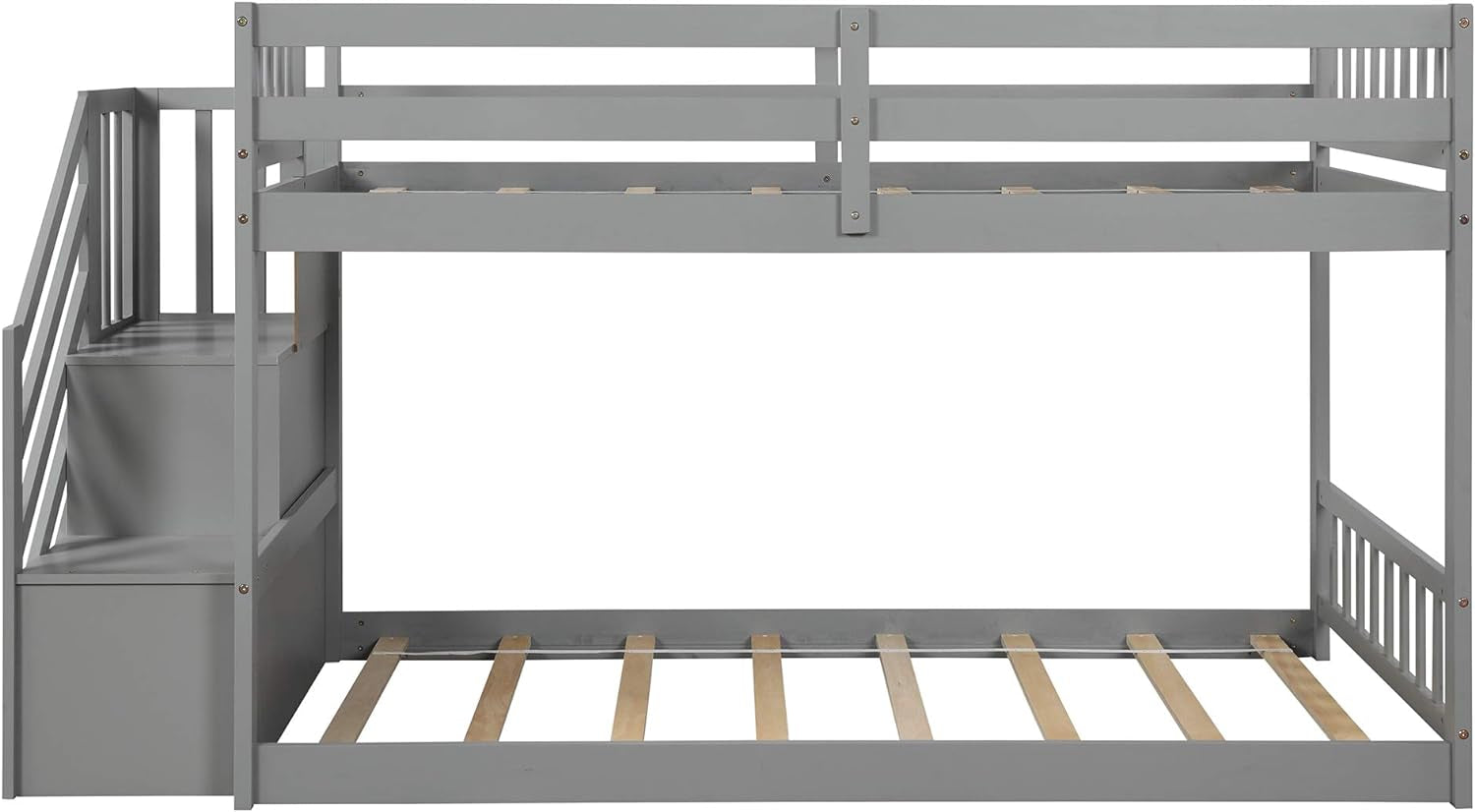 Low Bunk Bed, Wood Twin over Twin Low Floor Bunk Bed, Modern Bunk Bed Frame with Stair and Storage Shelf for Kids,Teens,Boys,Girls,Bedroom Furniture (Gray)
