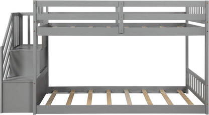 Low Bunk Bed, Wood Twin over Twin Low Floor Bunk Bed, Modern Bunk Bed Frame with Stair and Storage Shelf for Kids,Teens,Boys,Girls,Bedroom Furniture (Gray)