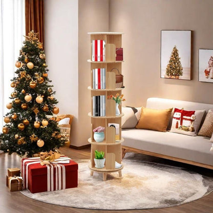 CNCEST Rotating Bookshelf Tower 360° Bookcase Figure Display Shelf Bedroom Storage Rack Classroom Organizer Smooth Wooden Birthday Gift Home Decor
