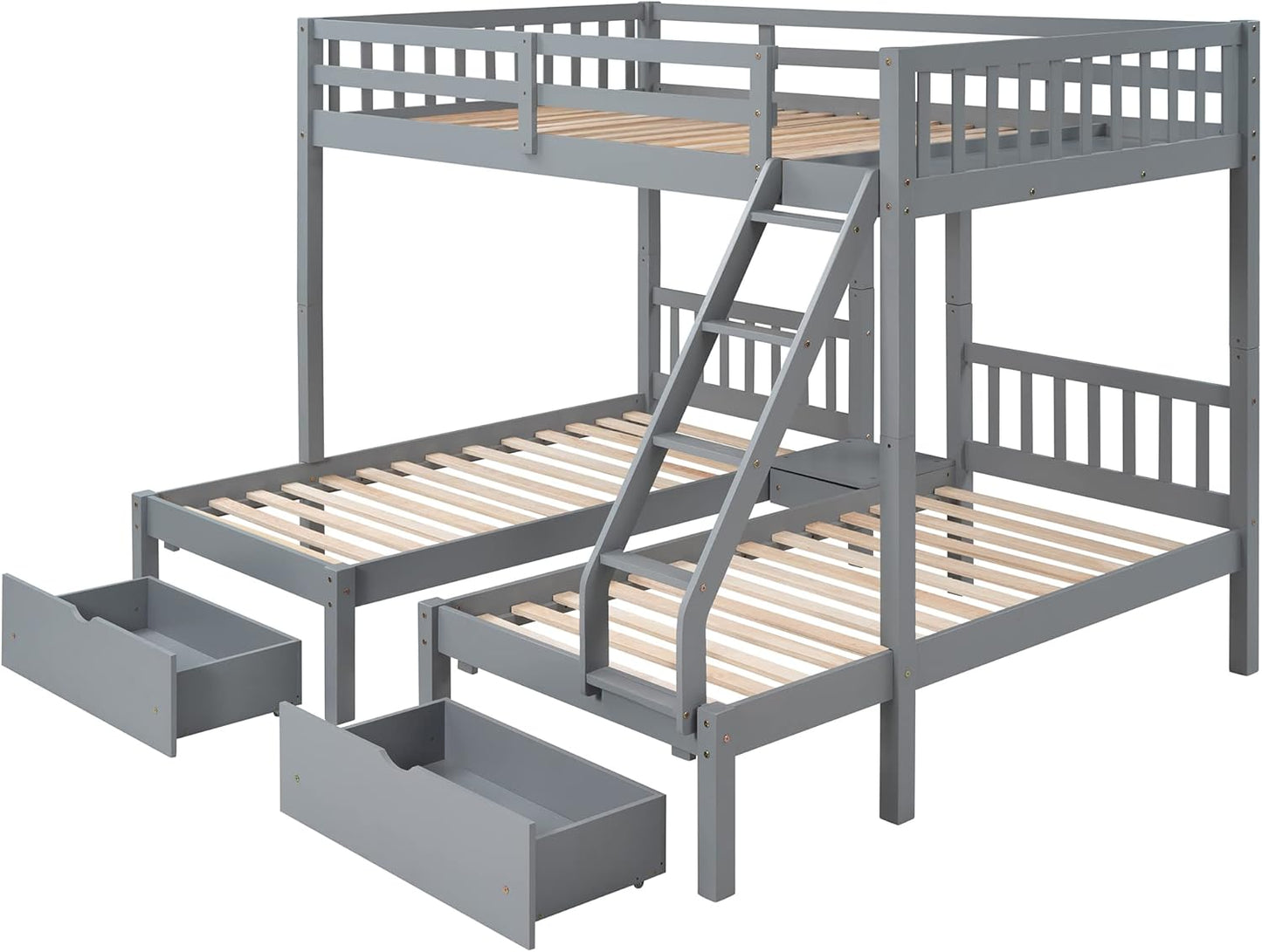 Full over Twin & Twin Bunk Beds, Wooden Triple Bunk Bed Frame with 3 Storage Drawers and Guardrails for Kids, Teens, Bedroom Furniture Bed, Grey