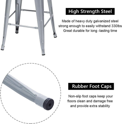Metal Bar Stools Set of 4 Barstools Counter Height Bar Stools with Back Industrial Bar Stool Indoor Counter Stool Kitchen Island Stools Modern Bar Chair with Wood Top 24 Inch Silver