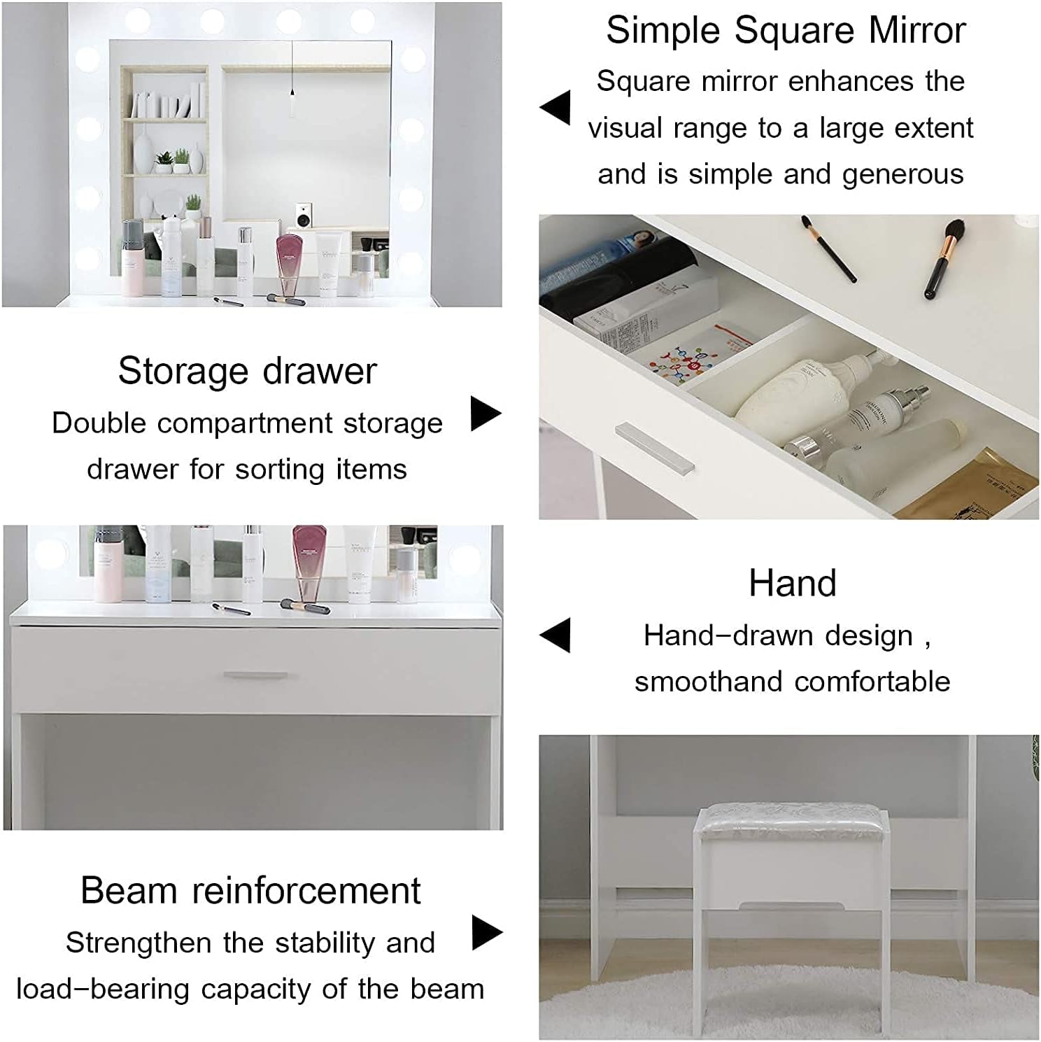 Vanity Set with Lighted Mirror, Makeup Vanity Dressing Table Dresser Desk with Large Drawer for Bedroom, White Bedroom Furniture(12 Cool LED Bulbs)