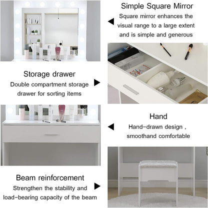 Vanity Set with Lighted Mirror, Makeup Vanity Dressing Table Dresser Desk with Large Drawer for Bedroom, White Bedroom Furniture(12 Cool LED Bulbs)