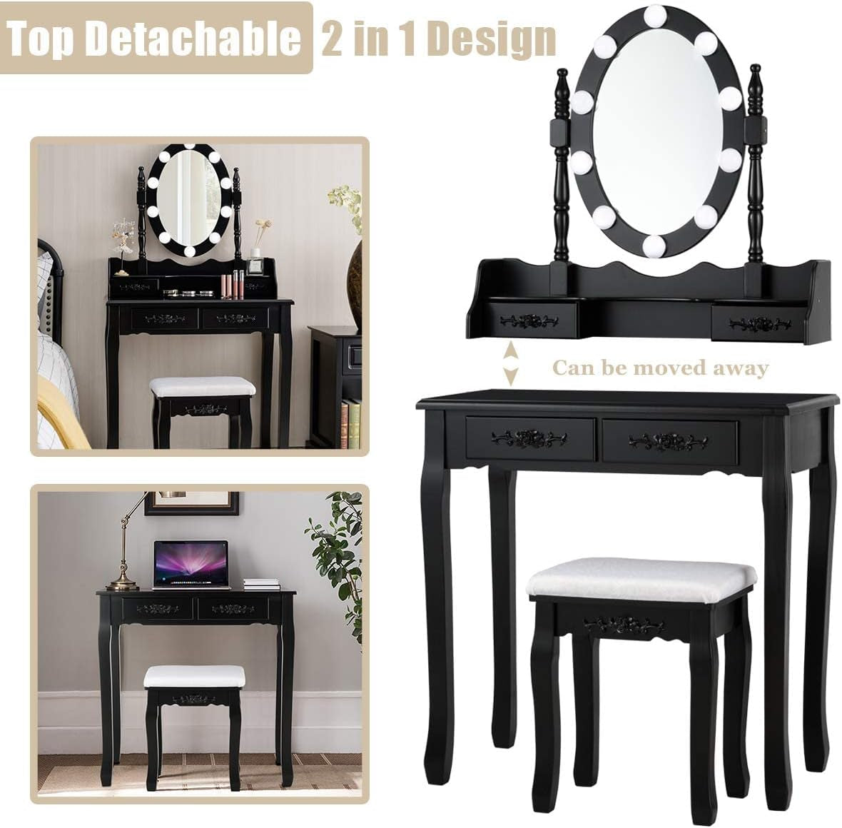 Makeup Vanity Table with 10 LED Lights, Adjustable Brightness, 4 Drawers, Rotatable Mirror, Cushioned Stool, Vanity Desk Dressing Table Bedroom Furniture (Black)