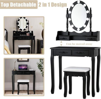 Makeup Vanity Table with 10 LED Lights, Adjustable Brightness, 4 Drawers, Rotatable Mirror, Cushioned Stool, Vanity Desk Dressing Table Bedroom Furniture (Black)