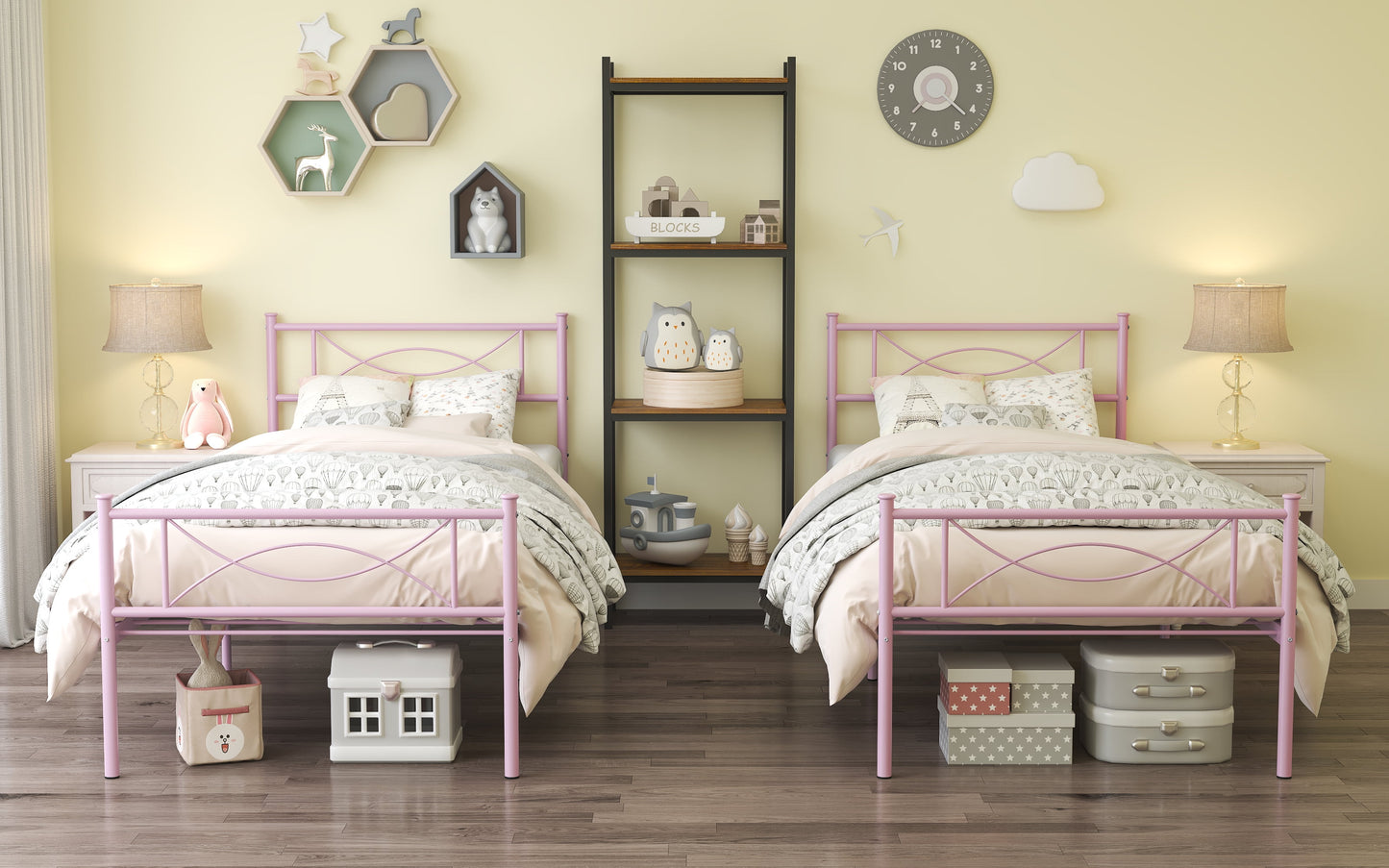 Kids Pink Metal Platform Bed Frame Twin Single Bed with Headboard & Footboard for Girls Bedroom Furniture, No Box Spring Needed