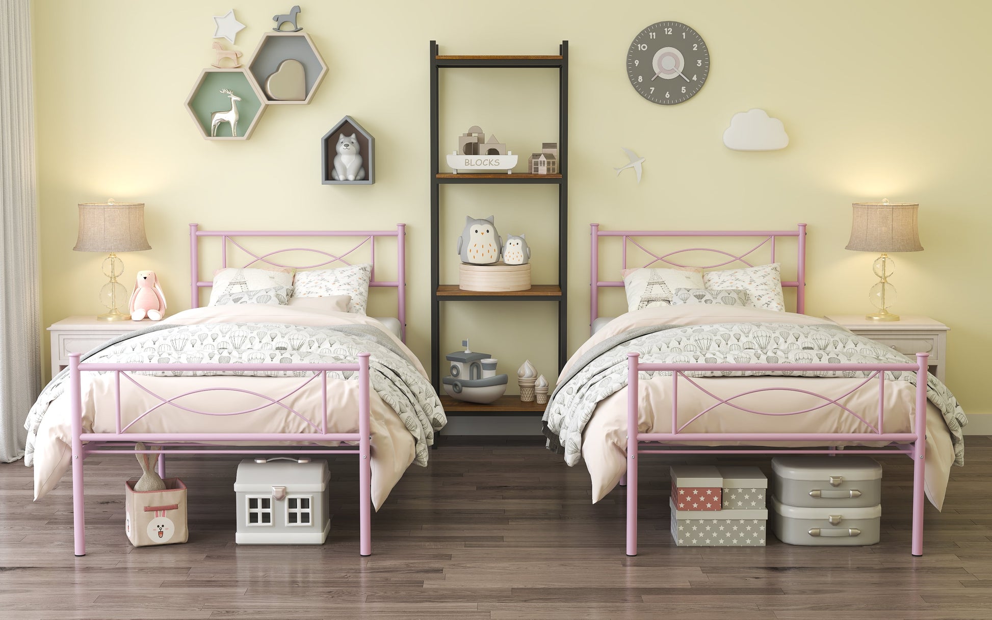 Kids Pink Metal Platform Bed Frame Twin Single Bed with Headboard & Footboard for Girls Bedroom Furniture, No Box Spring Needed