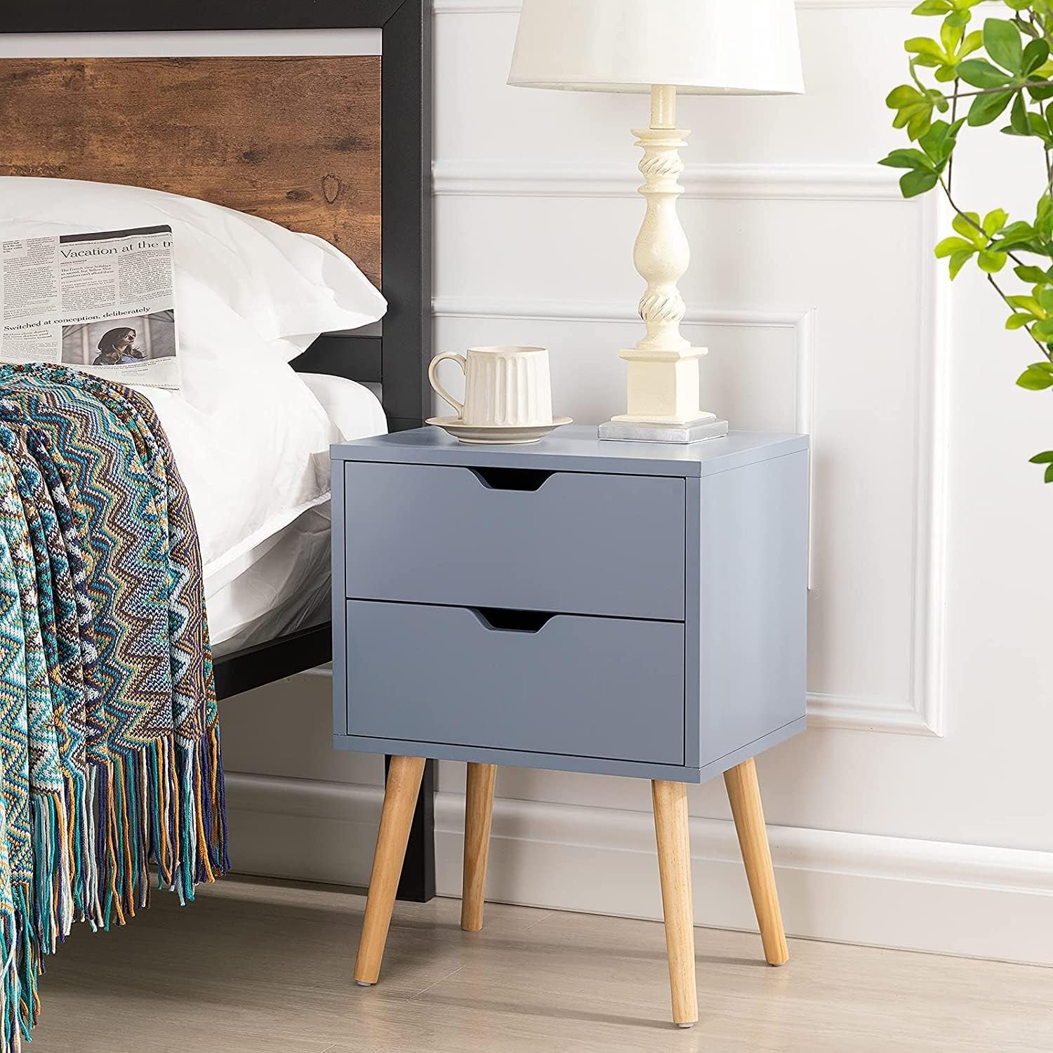 End Side Table Nightstand with Storage Drawer - Fashion Modern Assemble Storage Cabinet Bedroom Bedside - Solid Wood Legs Living Room Bedroom Furniture - Double Drawer Nightstand (Grey)