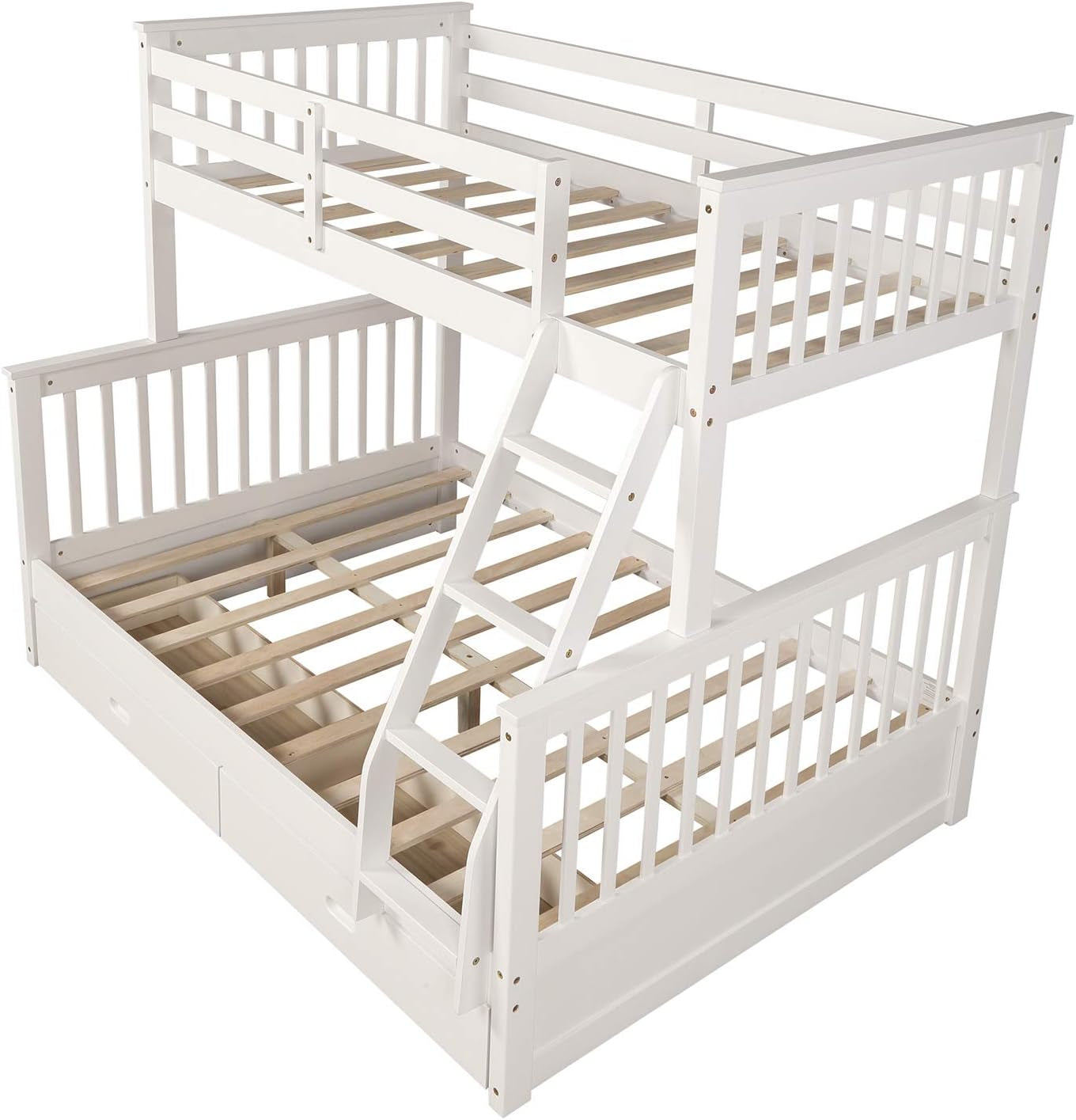 Twin over Full Bunk Bed with Storage Drawers, Can Be Divided into 2 Daybeds, Solid Wood Bunk Bed Frame with Guardrails and Ladder for Kids, Floor Low Bunk Bed for Bedroom, White