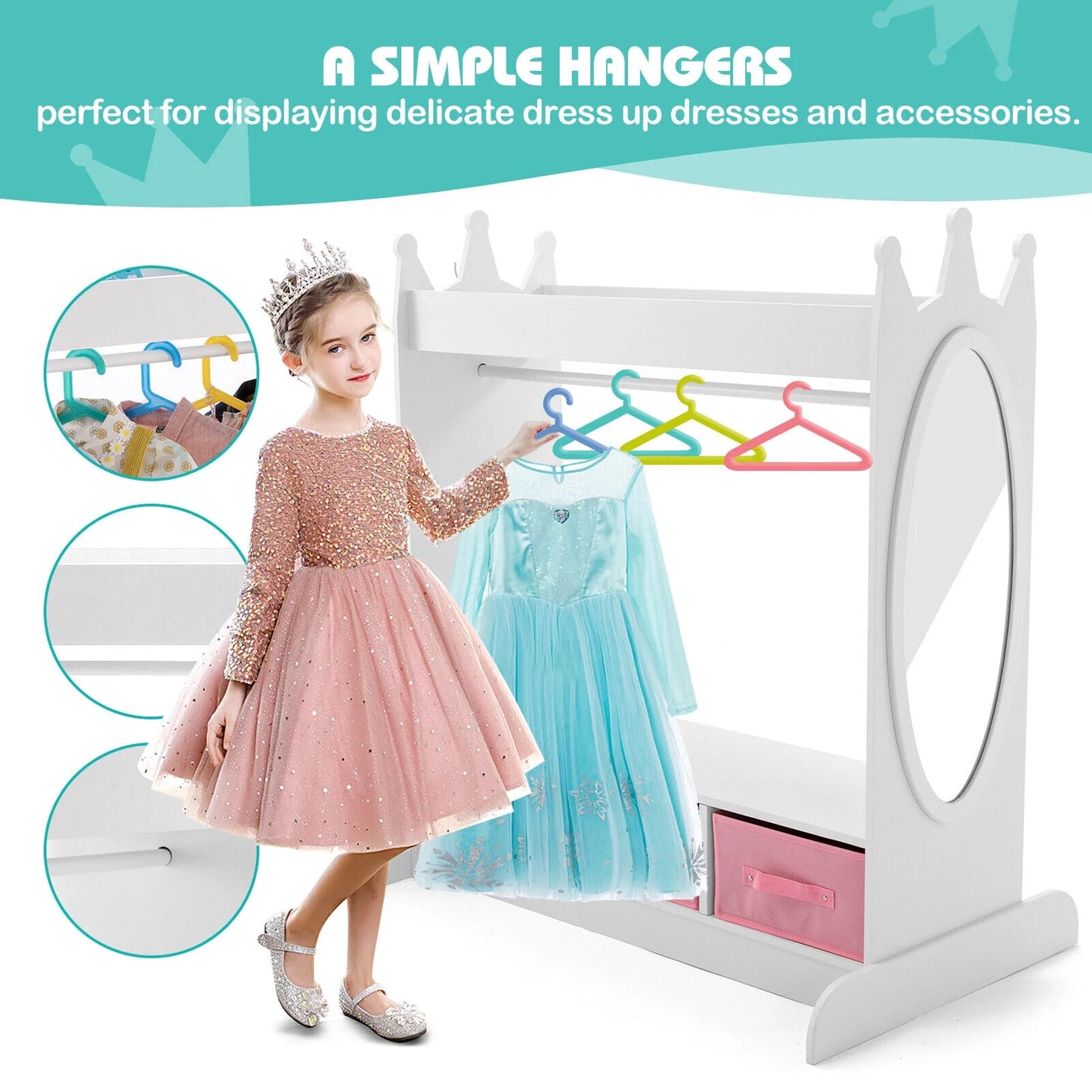 Kids Armoire Pretend Dress-Up Storage Openning Hanging Closet Wardrobe Girls Bedroom Furniture with Mirror, 3 Drawers, Side Pocket(White)