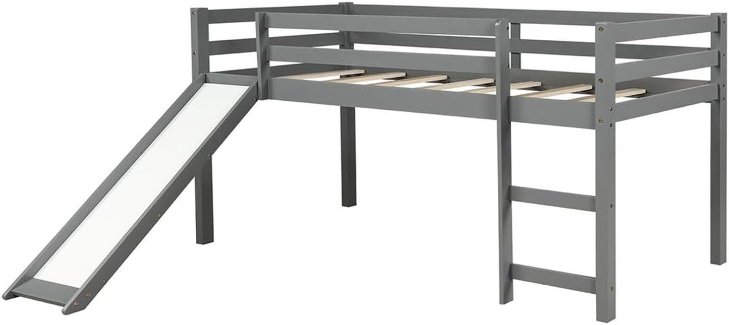 Loft Bed with Slide, Multifunctional Design Twin Wood Bed Frame (Gray)