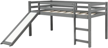 Loft Bed with Slide, Multifunctional Design Twin Wood Bed Frame (Gray)