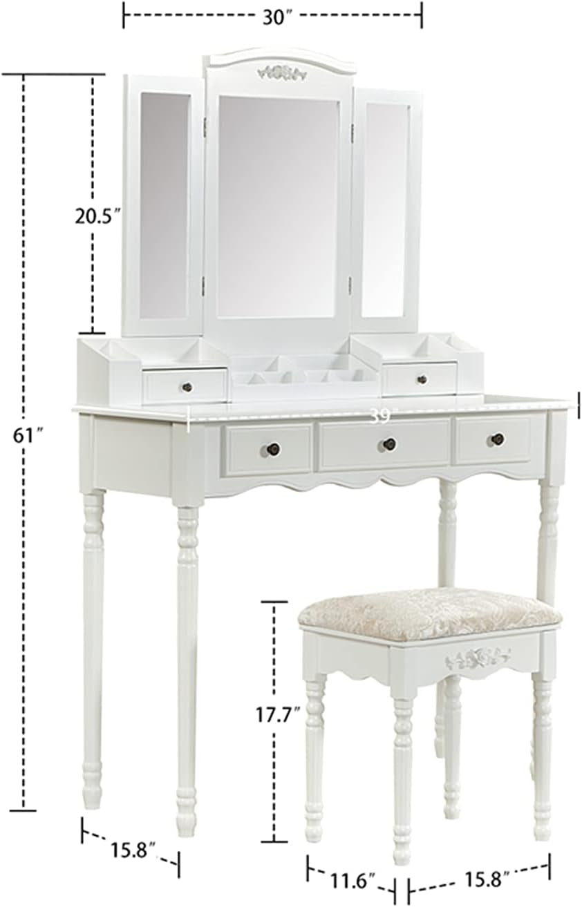 Vanity Table Set with Three Square Mirror Dressing Table and Cushioned Stool with 5 Drawers Bedroom Furniture for Girls Women
