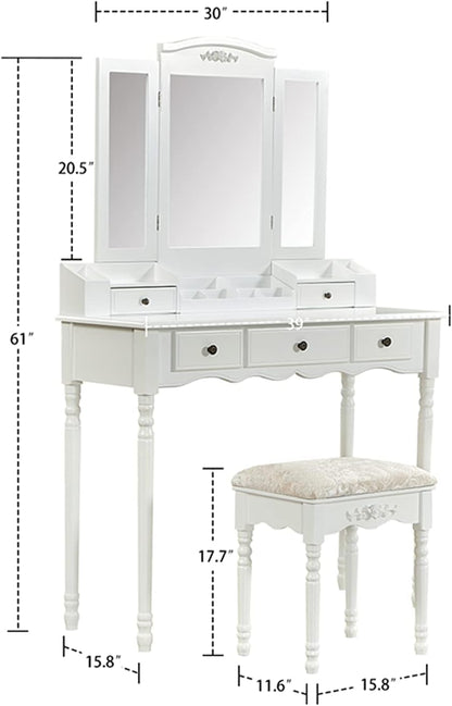 Vanity Table Set with Three Square Mirror Dressing Table and Cushioned Stool with 5 Drawers Bedroom Furniture for Girls Women
