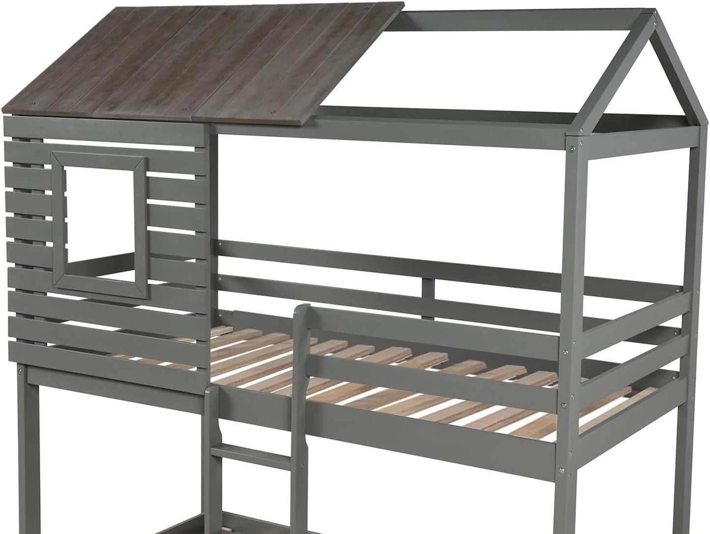 Twin over Twin Bunk Bed, Wood Twin House Bed Loft Bed Bedroom Furniture with Roof, Window, Guardrail & Ladder (Gray, Twin over Twin)