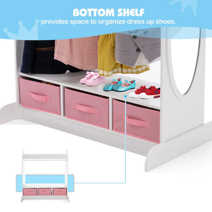 Kids Armoire Pretend Dress-Up Storage Openning Hanging Closet Wardrobe Girls Bedroom Furniture with Mirror, 3 Drawers, Side Pocket(White)