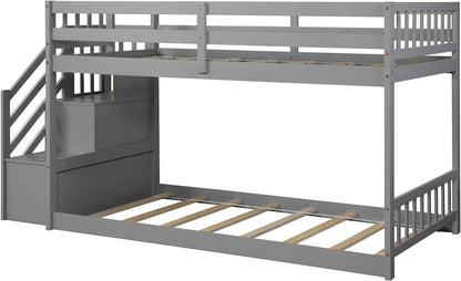 Low Bunk Bed, Wood Twin over Twin Low Floor Bunk Bed, Modern Bunk Bed Frame with Stair and Storage Shelf for Kids,Teens,Boys,Girls,Bedroom Furniture (Gray)