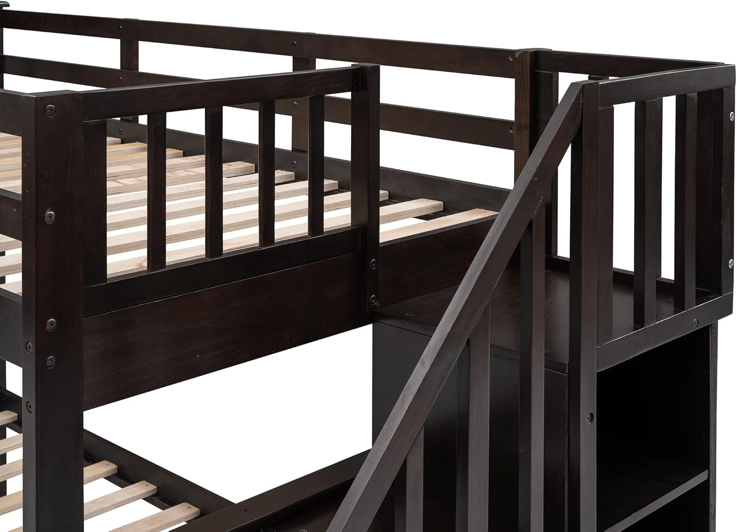 Bunk Bed with Stairway, Wood Bedroom Furniture Twin over Full Bunk Bed Frame with Storage and Safety Guard Rail, Convertible to Separate 2 Beds (Espresso)