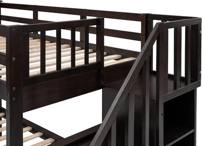 Bunk Bed with Stairway, Wood Bedroom Furniture Twin over Full Bunk Bed Frame with Storage and Safety Guard Rail, Convertible to Separate 2 Beds (Espresso)