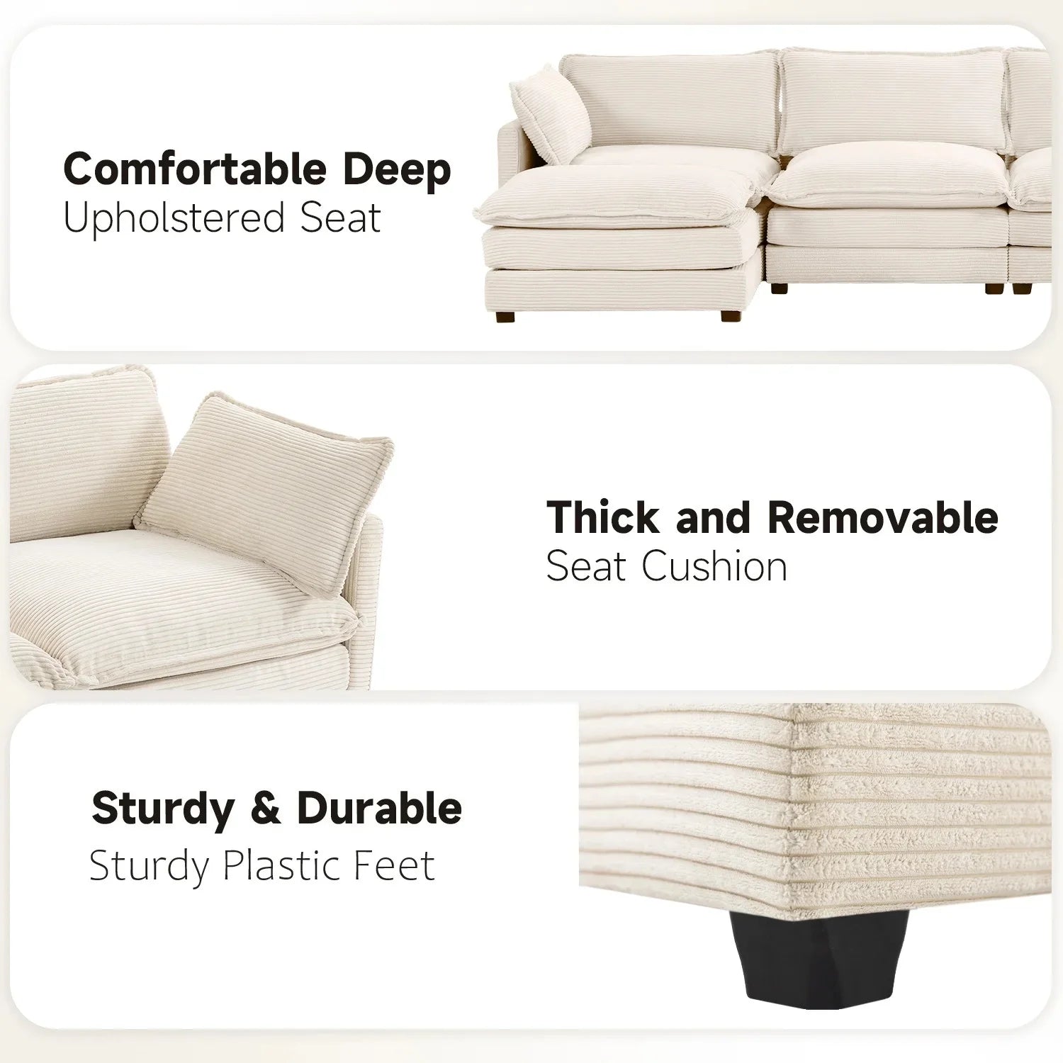Sectional Sofa with Ottoman, Small L Shaped Free Combination Corduroy Couch Furniture Sets for Living Room, Beige