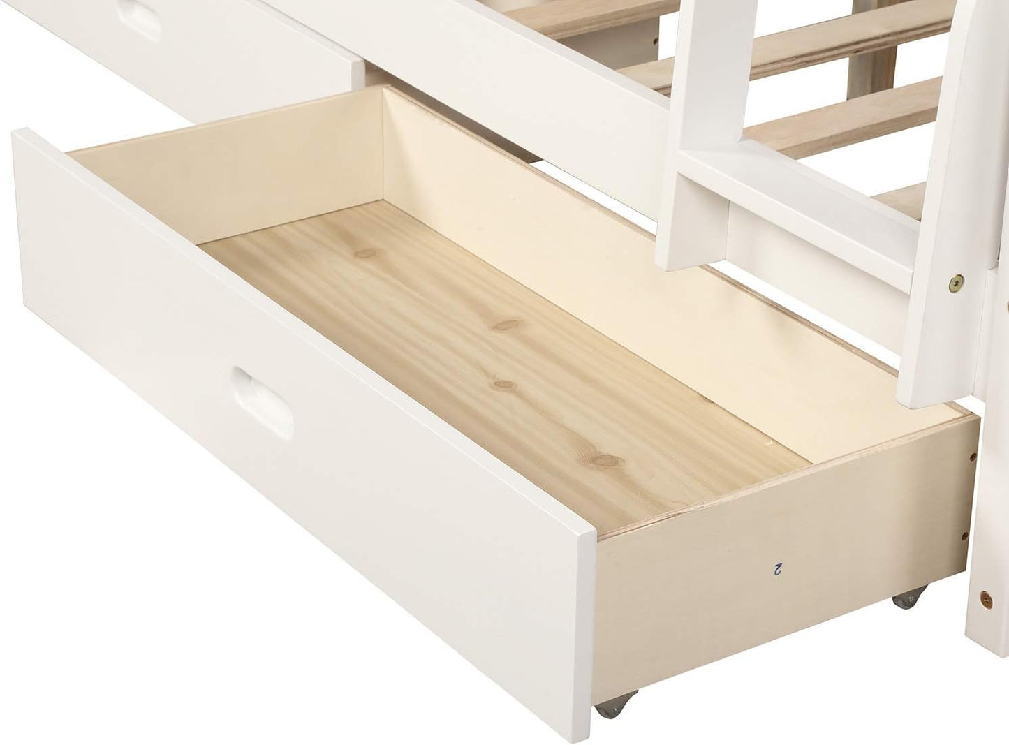 Twin over Full Bunk Bed with Storage Drawers, Can Be Divided into 2 Daybeds, Solid Wood Bunk Bed Frame with Guardrails and Ladder for Kids, Floor Low Bunk Bed for Bedroom, White