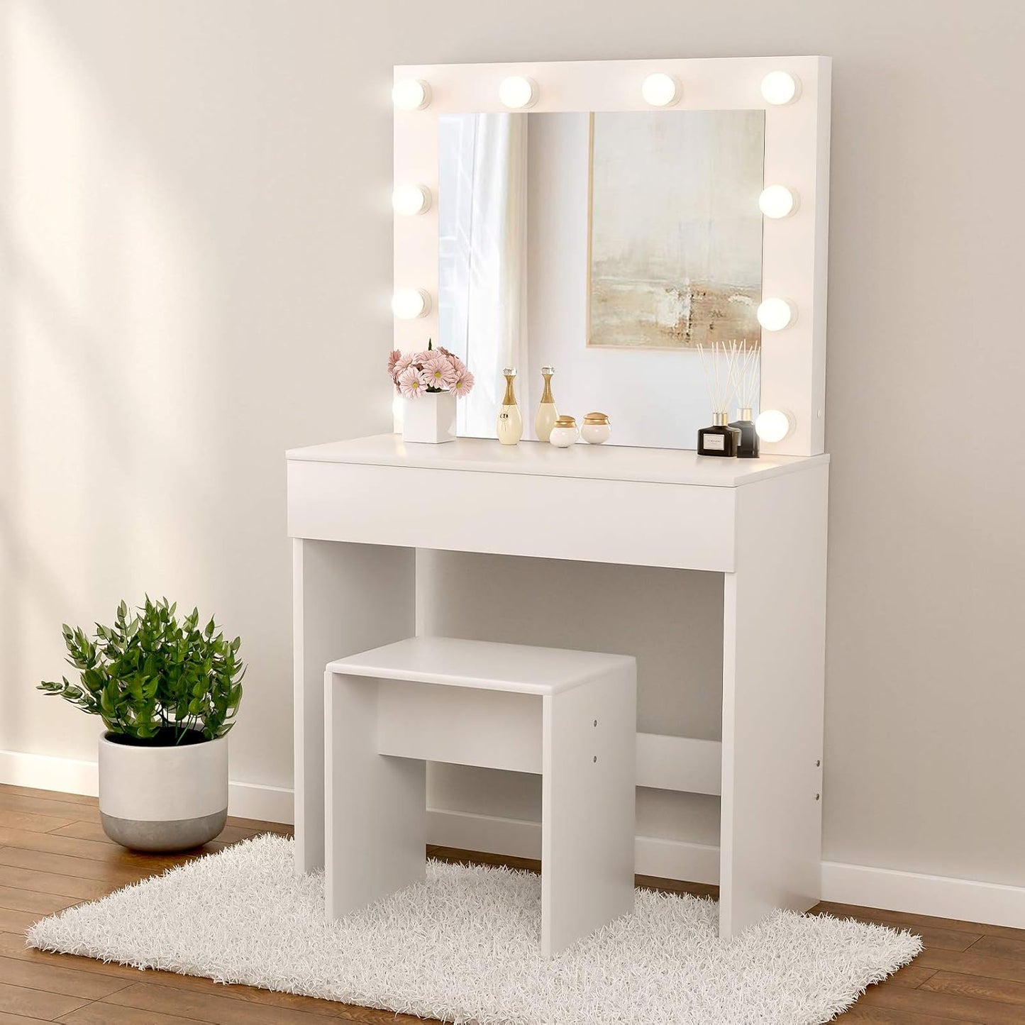 Makeup Vanity Table W/10 LED Lights Mirror,Vanity Set with Stool&Drawer,Wood Dressing Table Bedroom Furniture Girls Women Gifts White