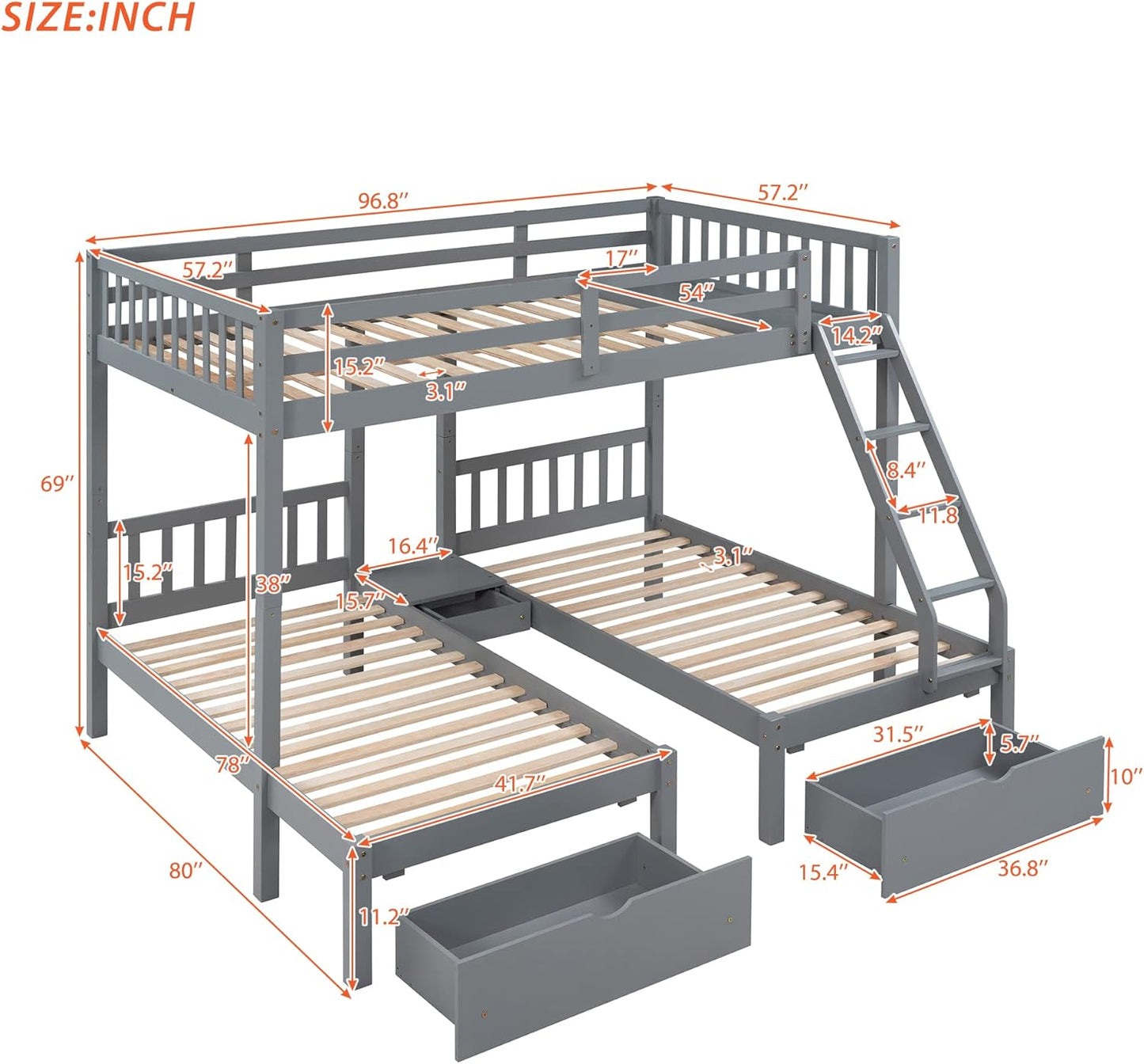 Full over Twin & Twin Bunk Beds, Wooden Triple Bunk Bed Frame with 3 Storage Drawers and Guardrails for Kids, Teens, Bedroom Furniture Bed, Grey
