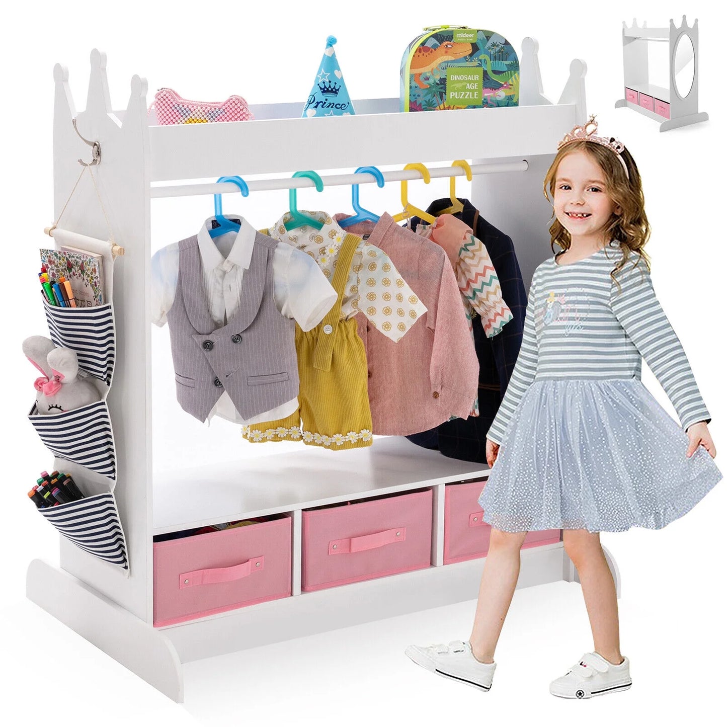 Kids Armoire Pretend Dress-Up Storage Openning Hanging Closet Wardrobe Girls Bedroom Furniture with Mirror, 3 Drawers, Side Pocket(White)