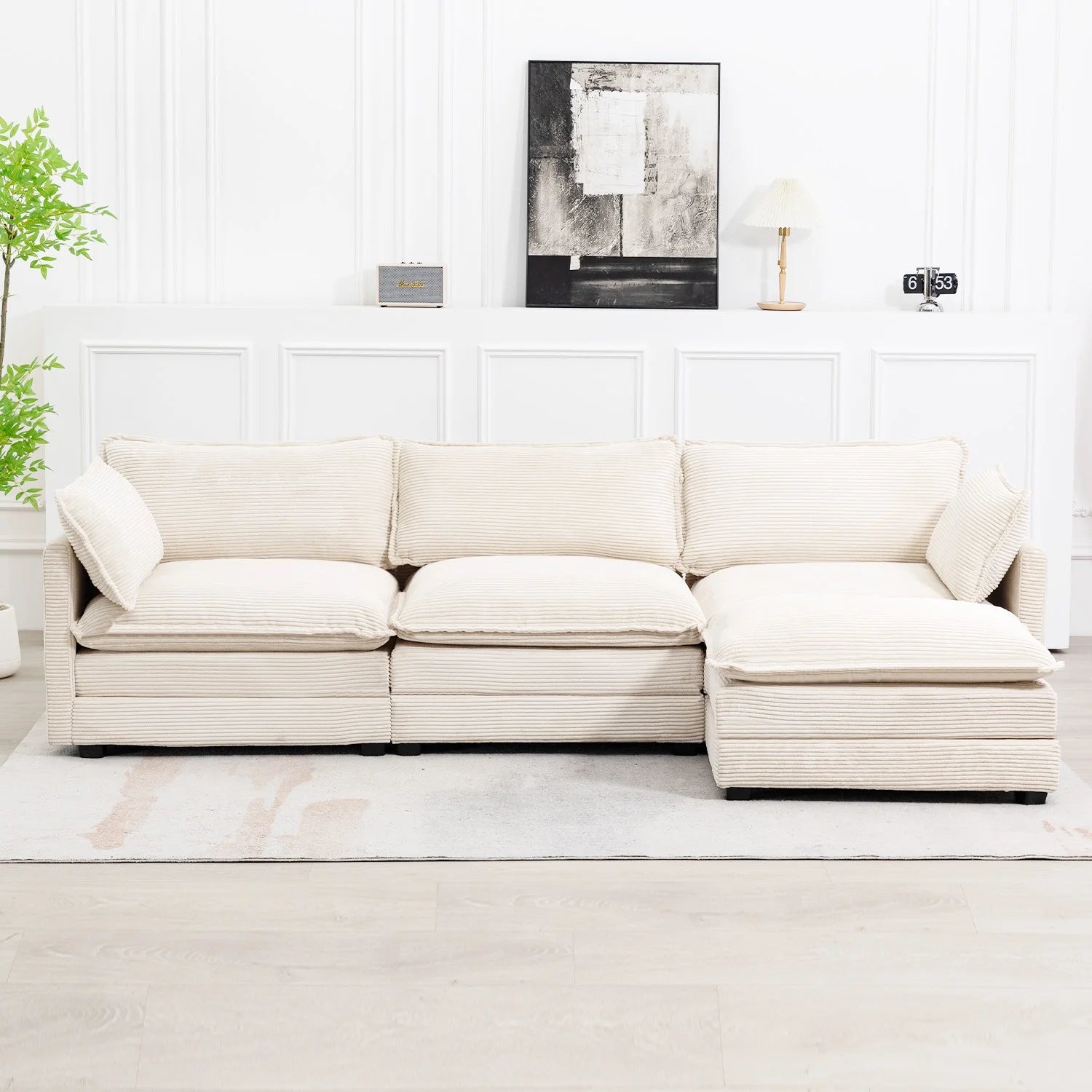 Sectional Sofa with Ottoman, Small L Shaped Free Combination Corduroy Couch Furniture Sets for Living Room, Beige