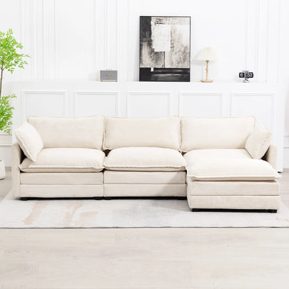 Sectional Sofa with Ottoman, Small L Shaped Free Combination Corduroy Couch Furniture Sets for Living Room, Beige
