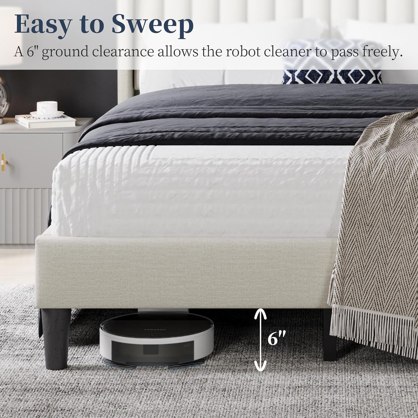 Full Bed Frame Upholstered Platform Bed with Fabric Headboard, Wing Edge Design/Non-Slip and Noise-Free/Wooden Slats Support/No Box Spring Needed/Easy Assembly, Beige Full Bed